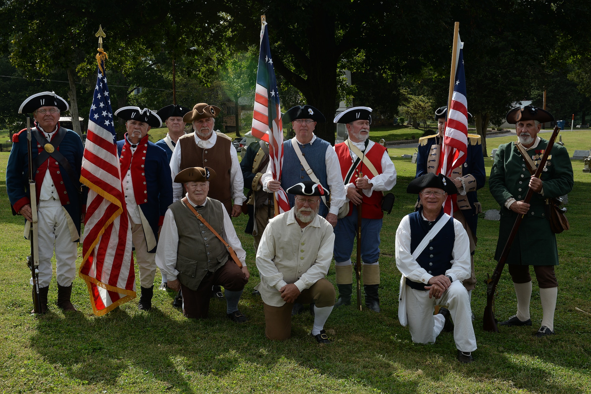 The Sons of the American Revolution Color Guards are dressed in Revolutionary War garb for a dedication of a cenotaph to Capt. Joseph Ogle at the Shiloh Valley Cemetery, Shiloh, Illinois, Sept. 27, 2015. Ogle was an Illinois territory pioneer and Revolutionary War patriot who settled in St. Clair County after the War and founded the First Methodist Church in Shiloh when Illinois was a territory. (U.S. Air Force photo by Airman 1st Class Erica Holbert-Siebert)