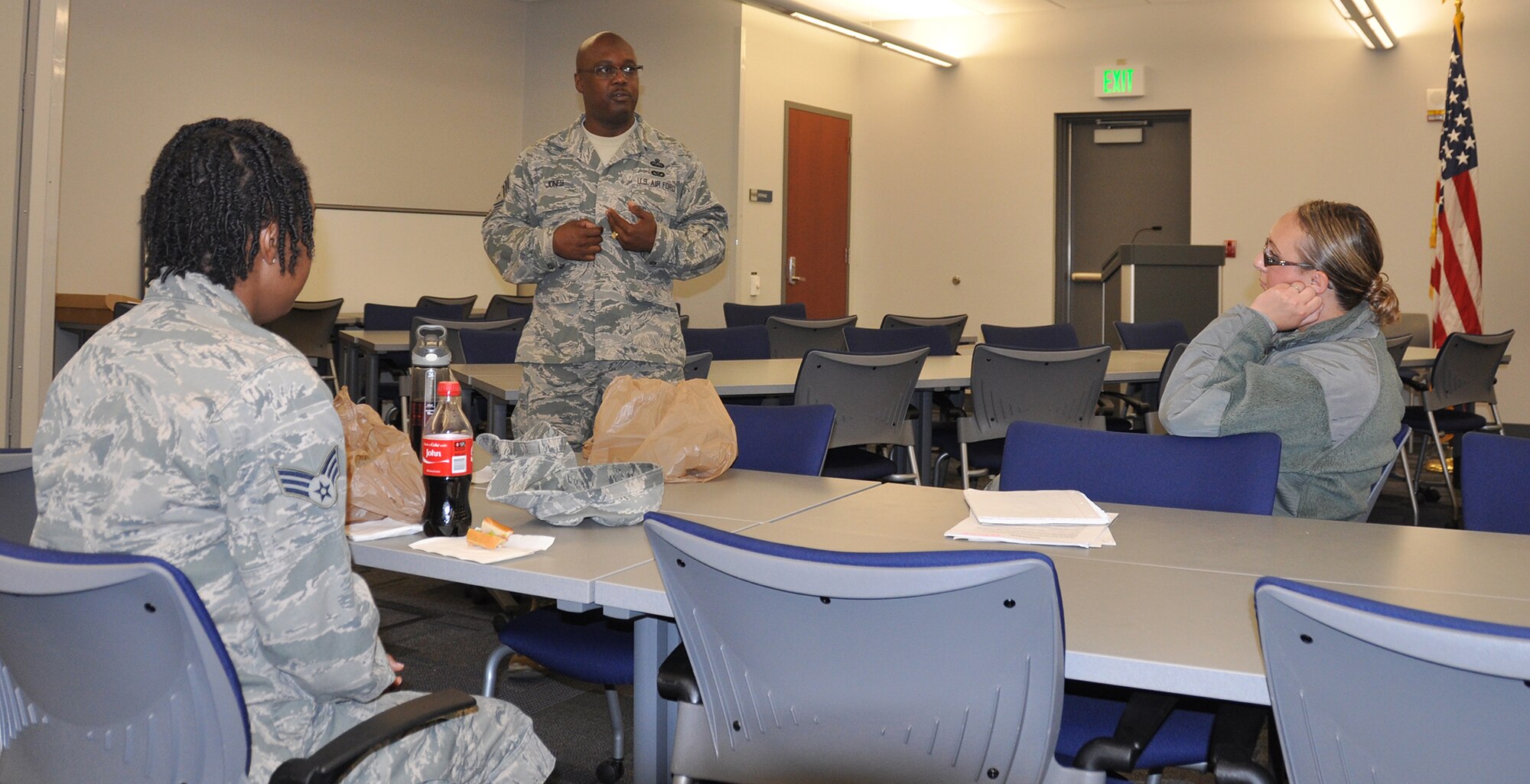 PETERSON AIR FORCE BASE, Colo. – Chief Master Sgt. Otis Jones, 302nd Airlift Wing command chief, speaks to the Junior Enlisted Advisory Council during their lunchtime meeting on the Sunday of the unit training assembly weekend. According to JEAC president, Senior Airman Dava MacDonald, “the JEAC was founded to empower the 302nd Airmen to be their own advocates through education and training.  We are committed to promoting comradery amongst junior enlisted members by educating and sharpening ourselves and our fellow Airmen. If any junior enlisted airman has any questions about their career, this wing, or the future of their career in this wing, we will work together to find an answer.”