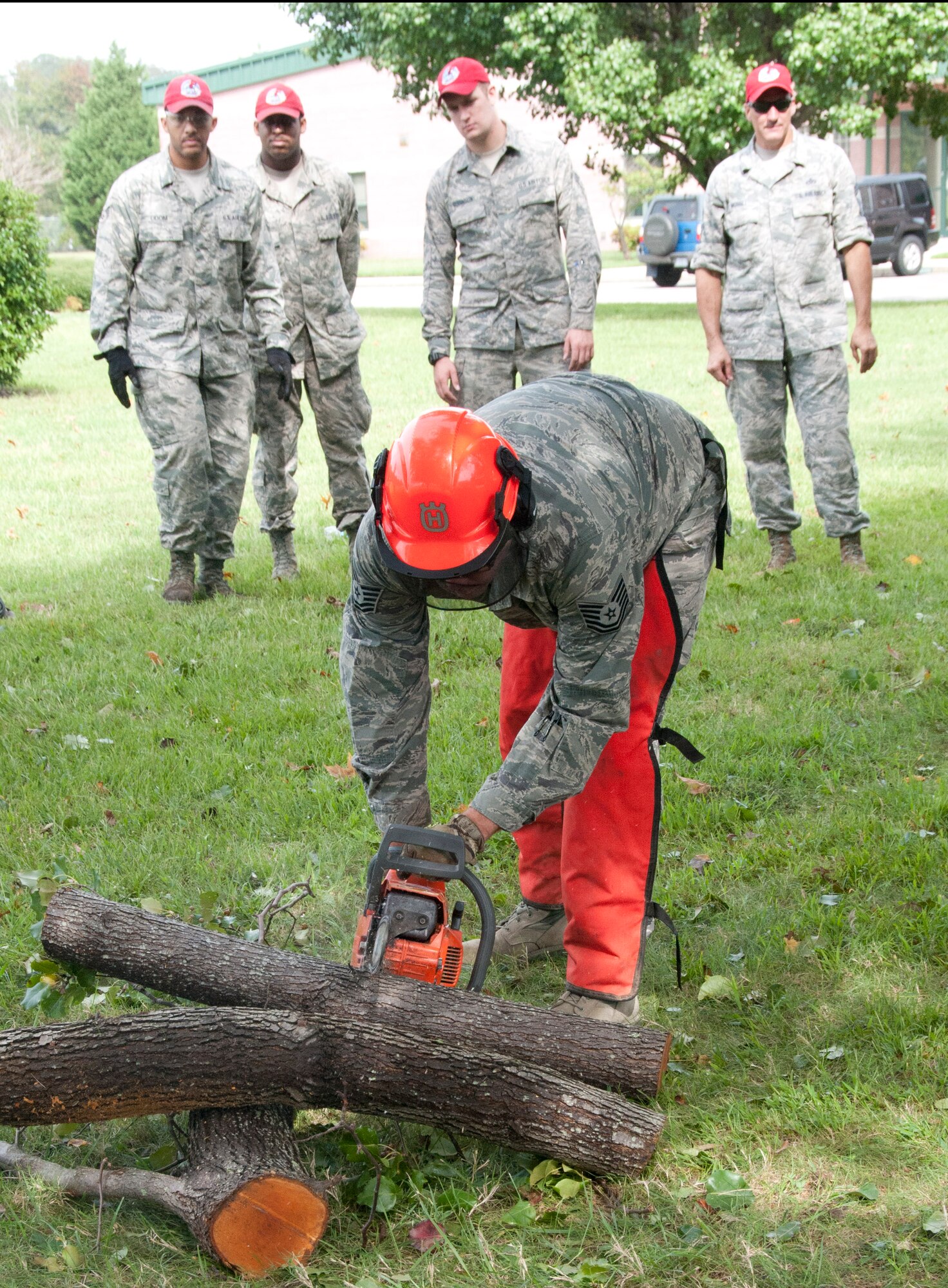 Virginia National Guard Airmen assigned to the Virginia Beach-based 203rd RED HORSE Squadron serving on state active duty prepare for possible flood response operations Oct. 2, 2015, in Virginia Beach, Va. Governor Terry McAuliffe authorized the Guard to bring up to 800 Soldiers, Airmen and members of the Virginia Defense Force on for response operations due to severe weather expected to hit the commonwealth in the coming days. The Virginia Guard plans to stage personnel at readiness centers in the areas of Hampton Roads, Central Virginia, Shenandoah Valley and Southwest Virginia in order to be ready to respond if needed. (Photo by U.S. Air National Guard photo by Master Sgt. Carlos J. Claudio/Released)