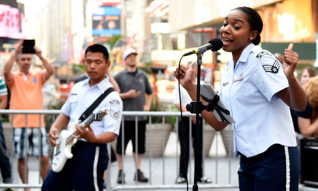 USAF Heritage of America Band's Blue Aces in Times Square, New York City for the 68th Air Force Birthday Celebration (U.S. Air Force photo by Master Sgt. Andrea Cox) — at Times Square, New York City.
