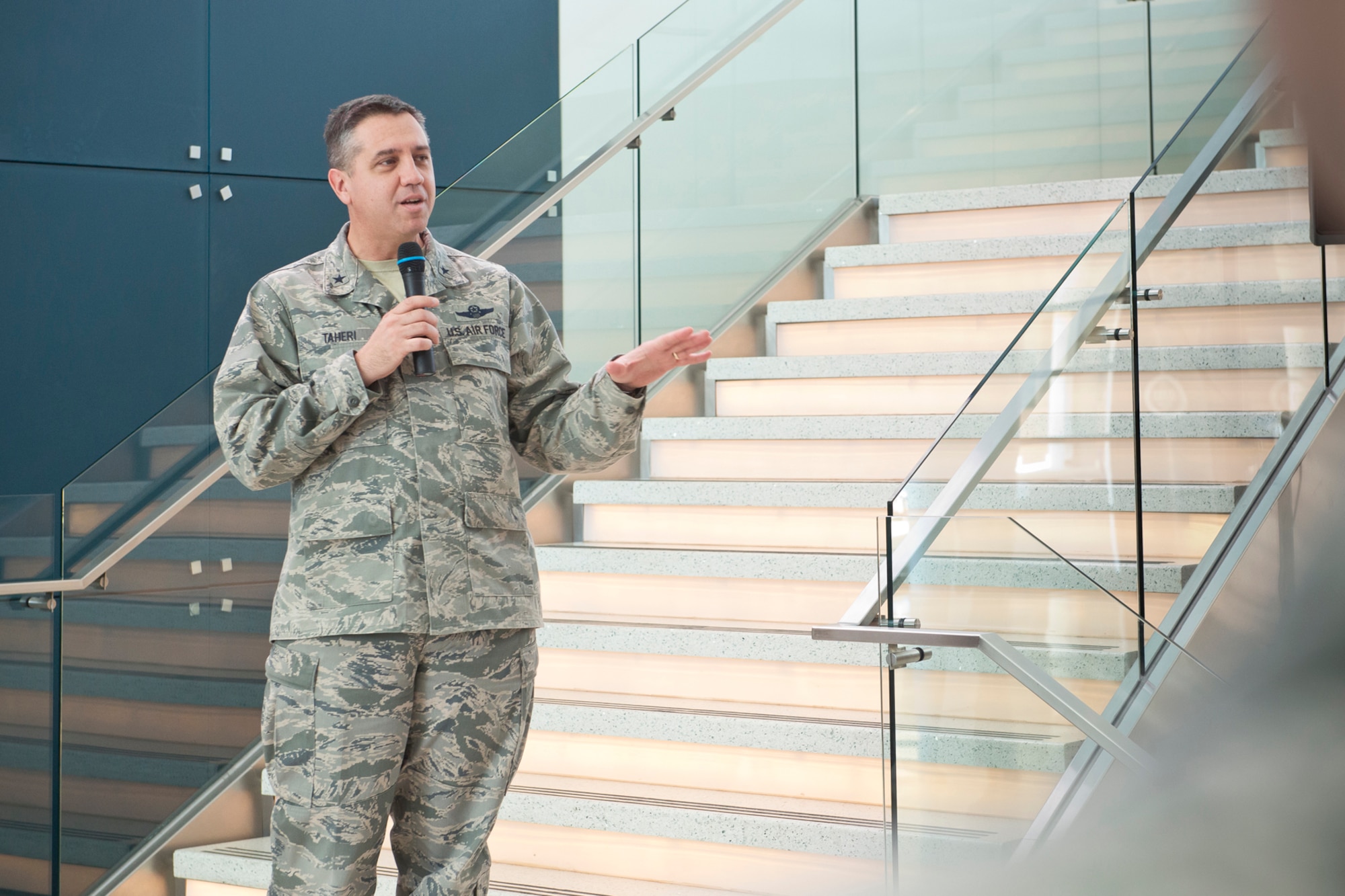Brig. Gen. Michael R. Taheri, commander of the ANGRC, talks about the importance of the Combined Federal Campaign at the Air National Guard Readiness Center at Joint Base Andrews Md., Oct. 6, 2015. The CFC is the world’s largest annual workplace charity initiative, with almost 200 CFC campaigns throughout the country and overseas raising millions of dollars through voluntary payroll deductions. (U.S. Air National Guard photo by Master Sgt. Marvin R. Preston/released)