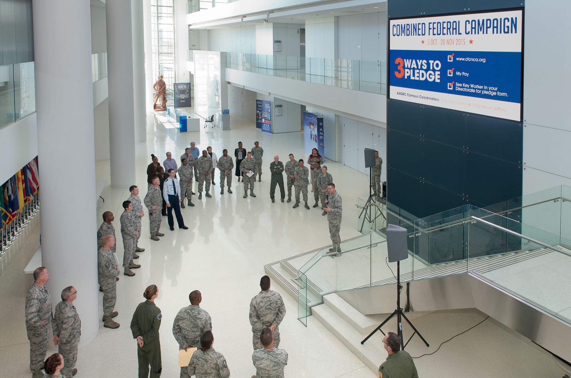 Brig. Gen. Michael R. Taheri, commander of the ANGRC, talks about the importance of the Combined Federal Campaign at the Air National Guard Readiness Center at Joint Base Andrews Md., Oct. 6, 2015. The CFC is the world’s largest annual workplace charity initiative, with almost 200 CFC campaigns throughout the country and overseas raising millions of dollars through voluntary payroll deductions. (U.S. Air National Guard photo by Master Sgt. Marvin R. Preston/released)