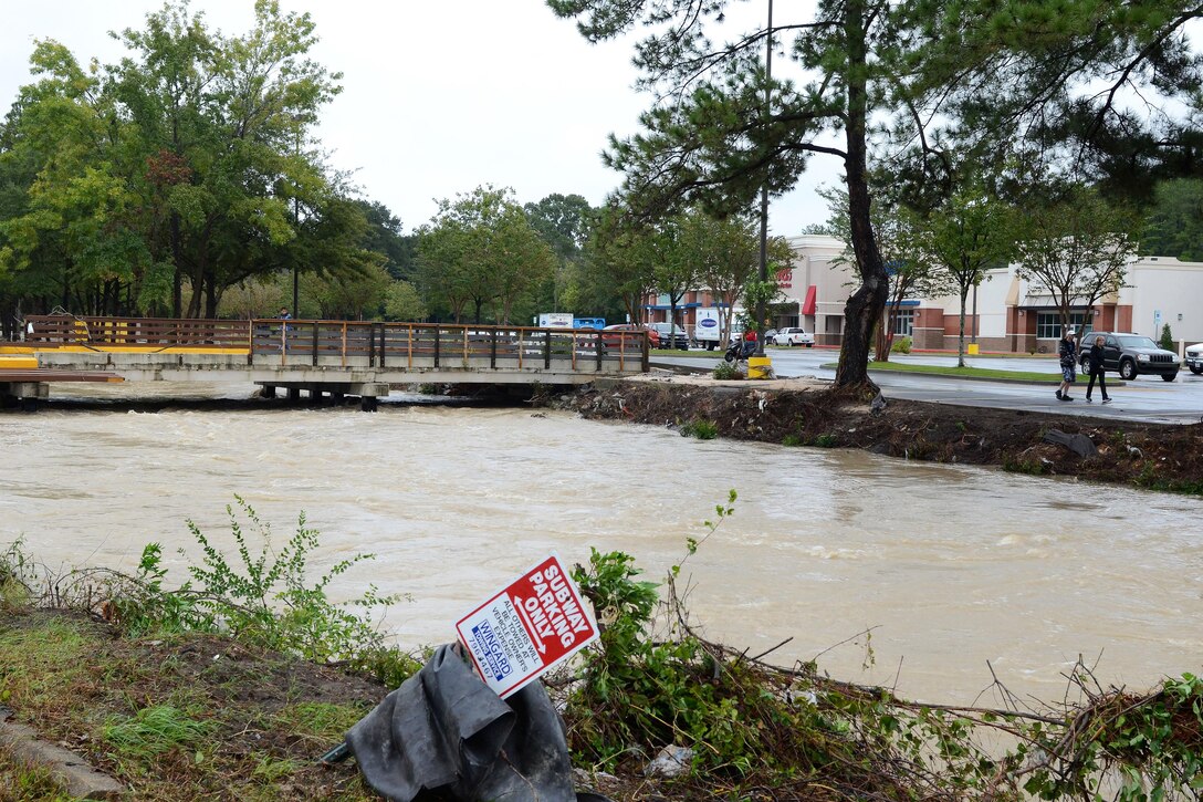 The water levels of Gill's Creek at Garners Ferry Road and Fort Jackson Boulevard remained high during the second day of flooding caused by heavy rainfall in Columbia, S.C., Oct. 5, 2015. South Carolina Air National Guard photo by Airman 1st Class Ashleigh S. Pavelek