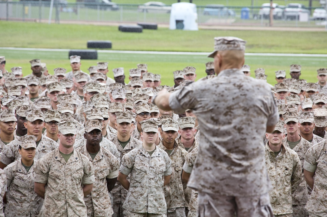 Commandant of the Marine Corps, Gen. Robert B. Neller, speaks to Marines at the Mainside Parade Deck, Camp Pendleton, Calif., Oct. 5, 2015. Neller outlined the Corps current priorities, expectations, listened and answered Marines' questions. (U.S. Marine Corps photo by Sgt. Gabriela Garcia/Released)