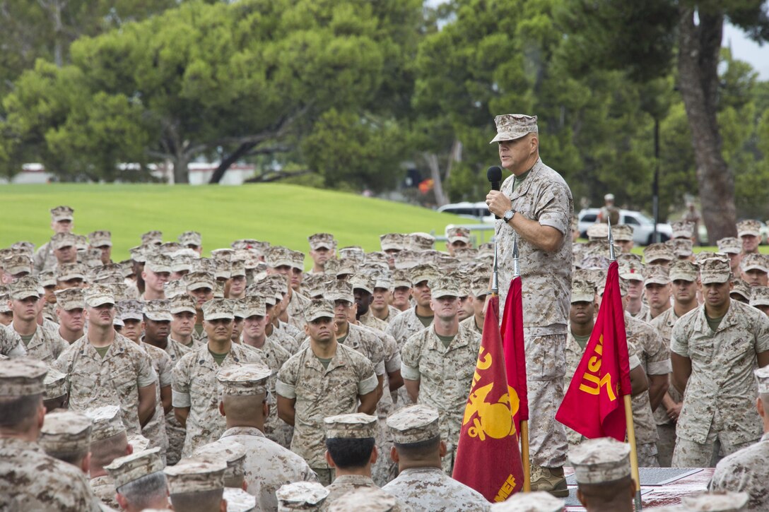 Commandant of the Marine Corps, Gen. Robert B. Neller, speaks to Marines at the Mainside Parade Deck, Camp Pendleton, Calif., Oct. 5, 2015. Neller outlined the Corps current priorities, expectations, listened and answered Marines' questions. (U.S. Marine Corps photo by Sgt. Gabriela Garcia/Released)
