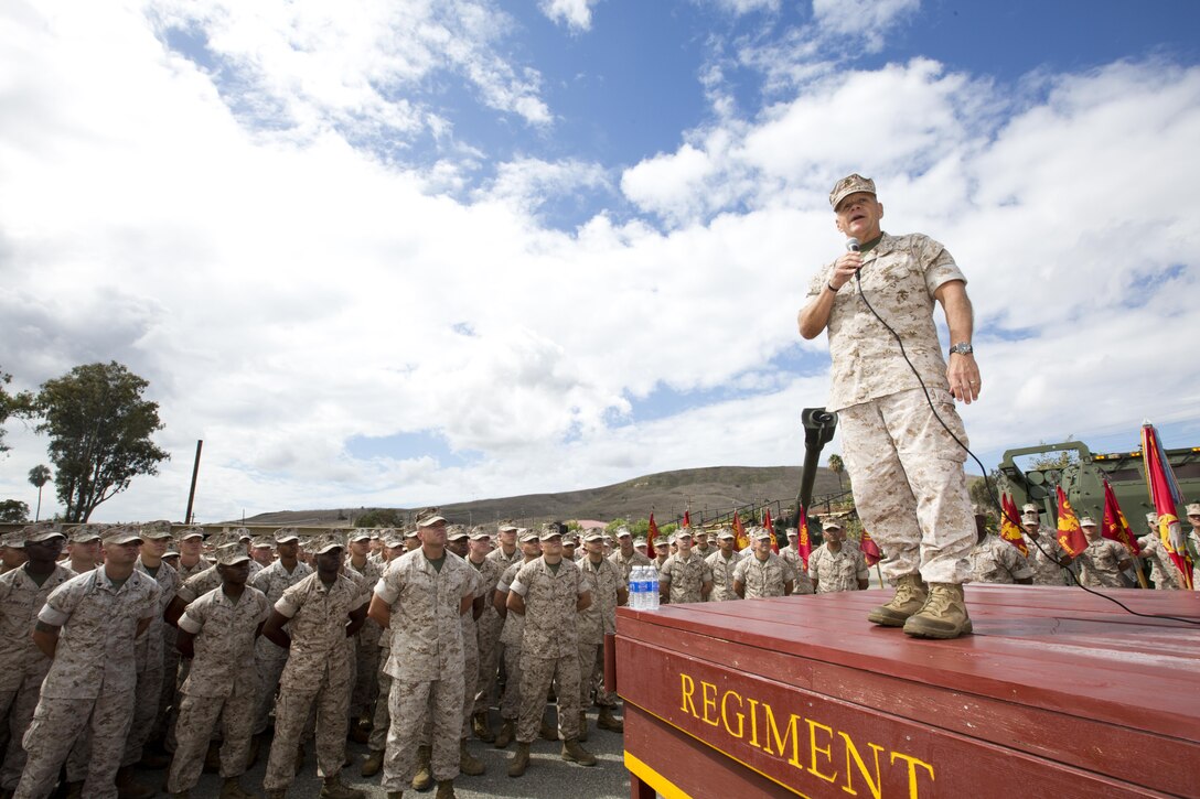 Commandant of the Marine Corps, Gen. Robert B. Neller, speaks to Marines at the Las Pulgas Parade Deck, Camp Pendleton, Calif., Oct. 5, 2015. Neller outlined the Corps current priorities, expectations, listened and answered Marines' questions. (U.S. Marine Corps photo by Sgt. Gabriela Garcia/Released)