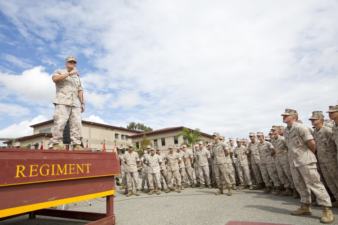 Commandant of the Marine Corps, Gen. Robert B. Neller, speaks to Marines at the Las Pulgas Parade Deck, Camp Pendleton, Calif., Oct. 5, 2015. Neller outlined the Corps current priorities, expectations, listened and answered Marines' questions. (U.S. Marine Corps photo by Sgt. Gabriela Garcia/Released)