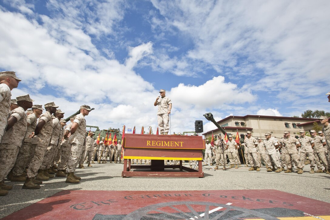 Commandant of the Marine Corps, Gen. Robert B. Neller, speaks to Marines at the Las Pulgas Parade Deck, Camp Pendleton, Calif., Oct. 5, 2015. Neller outlined the Corps current priorities, expectations, listened and answered Marines' questions. (U.S. Marine Corps photo by Sgt. Gabriela Garcia/Released)