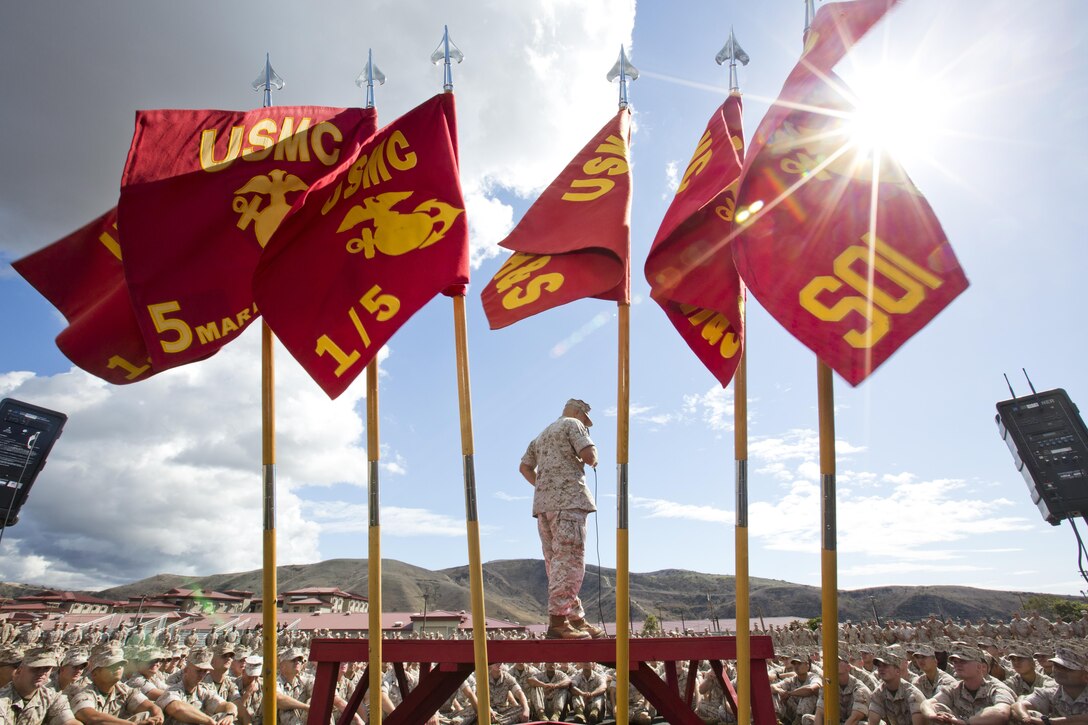 Commandant of the Marine Corps, Gen. Robert B. Neller, speaks to Marines, Sailors and civilians at the San Mateo Parade Deck, Camp Pendleton, Calif., Oct. 5, 2015. Neller outlined the Corps current priorities, expectations, listened and answered Marines' questions. (U.S. Marine Corps photo by Sgt. Gabriela Garcia/Released)