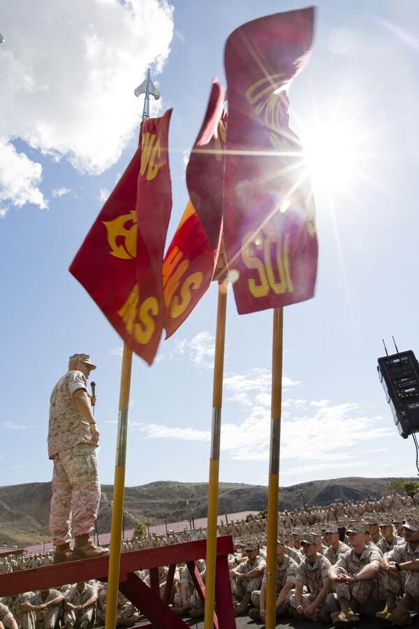 Commandant of the Marine Corps, Gen. Robert B. Neller, speaks to Marines, Sailors and civilians at the San Mateo Parade Deck, Camp Pendleton, Calif., Oct. 5, 2015. Neller outlined the Corps current priorities, expectations, listened and answered Marines' questions. (U.S. Marine Corps photo by Sgt. Gabriela Garcia/Released)