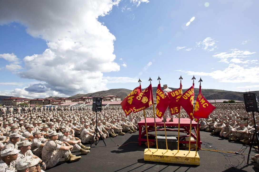 Commandant of the Marine Corps, Gen. Robert B. Neller, speaks to Marines, Sailors and civilians at the San Mateo Parade Deck, Camp Pendleton, Calif., Oct. 5, 2015. Neller outlined the Corps current priorities, expectations, listened and answered Marines' questions. (U.S. Marine Corps photo by Sgt. Gabriela Garcia/Released)