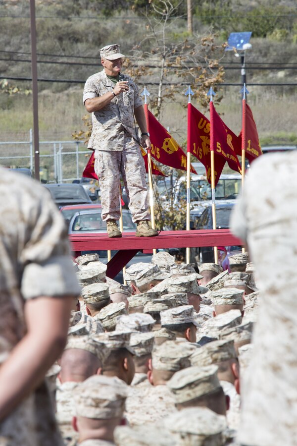 Commandant of the Marine Corps, Gen. Robert B. Neller, speaks to Marines, Sailors and civilians at the San Mateo Parade Deck, Camp Pendleton, Calif., Oct. 5, 2015. Neller outlined the Corps current priorities, expectations, listened and answered Marines' questions. (U.S. Marine Corps photo by Sgt. Gabriela Garcia/Released)