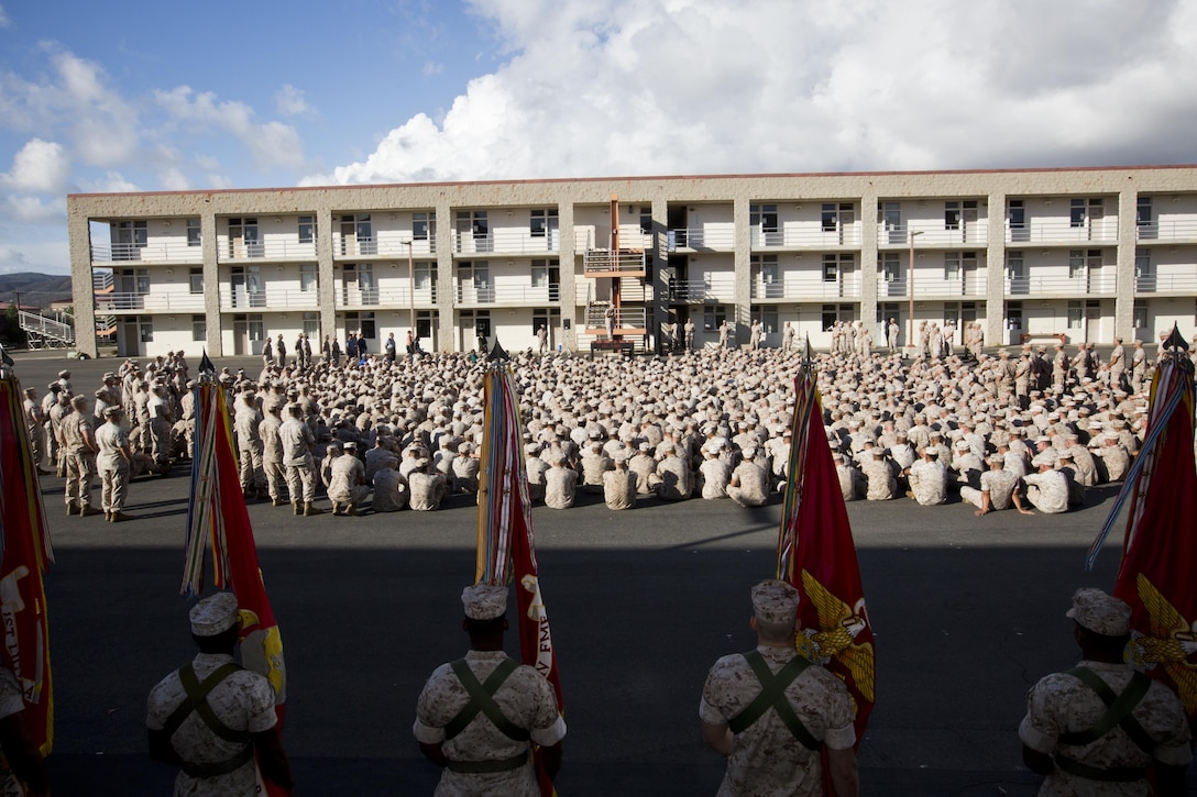 Commandant of the Marine Corps, Gen. Robert B. Neller, speaks to Marines, Sailors and civilians at the Las Flores Parade Deck, Camp Pendleton, Calif., Oct. 5, 2015. Neller outlined the Corps current priorities, expectations, listened and answered Marines' questions. (U.S. Marine Corps photo by Sgt. Gabriela Garcia/Released)