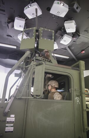 Marines with Transportation Support Co., Combat Logistics Battalion 2, conduct simulated High Mobility Multipurpose Wheeled Vehicle convoy training at Camp Lejeune, N.C., Oct. 7, 2015. Approximately 25 Marines with the unit are undergoing Convoy Leader’s Course in preparation for an Integrated Training Exercise in Twentynine Palms, Calif., later this month. (U.S. Marine Corps photo by Cpl. Lucas Hopkins/Released)
