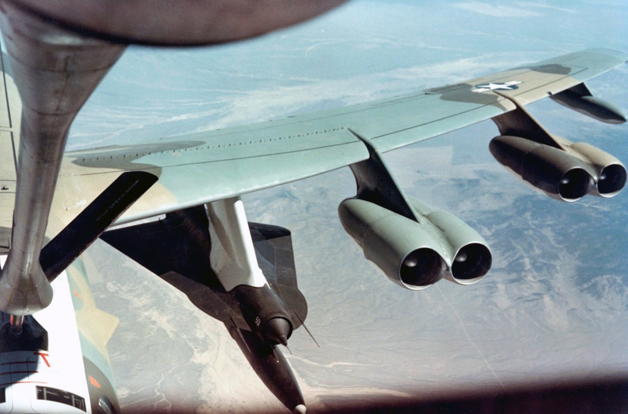 The operational launch system used modified B-52H carrier aircraft. The D-21B had a solid rocket booster to provide the initial acceleration required to start the ramjet engine. The first launch from a B-52 took place in 1967. (U.S. Air Force photo)