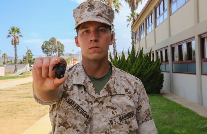 Private First Class Juan Valenzuela, Fox Company, 2nd Recruit Training Battalion, holds his Eagle, Globe and Anchor upon completion of the Crucible at Edson Range, Marine Corps Base Camp Pendleton, Calif., Oct. 1. After enduring 13 weeks of training, Marines are presented with the emblem that signifies their transformation to Marines. Today, all males recruited from west of the Mississippi are trained at Marine Corps Recruits Depot San Diego. The depot is responsible for training more than 16,000 recruits annually. Fox Company will graduate Oct. 9.