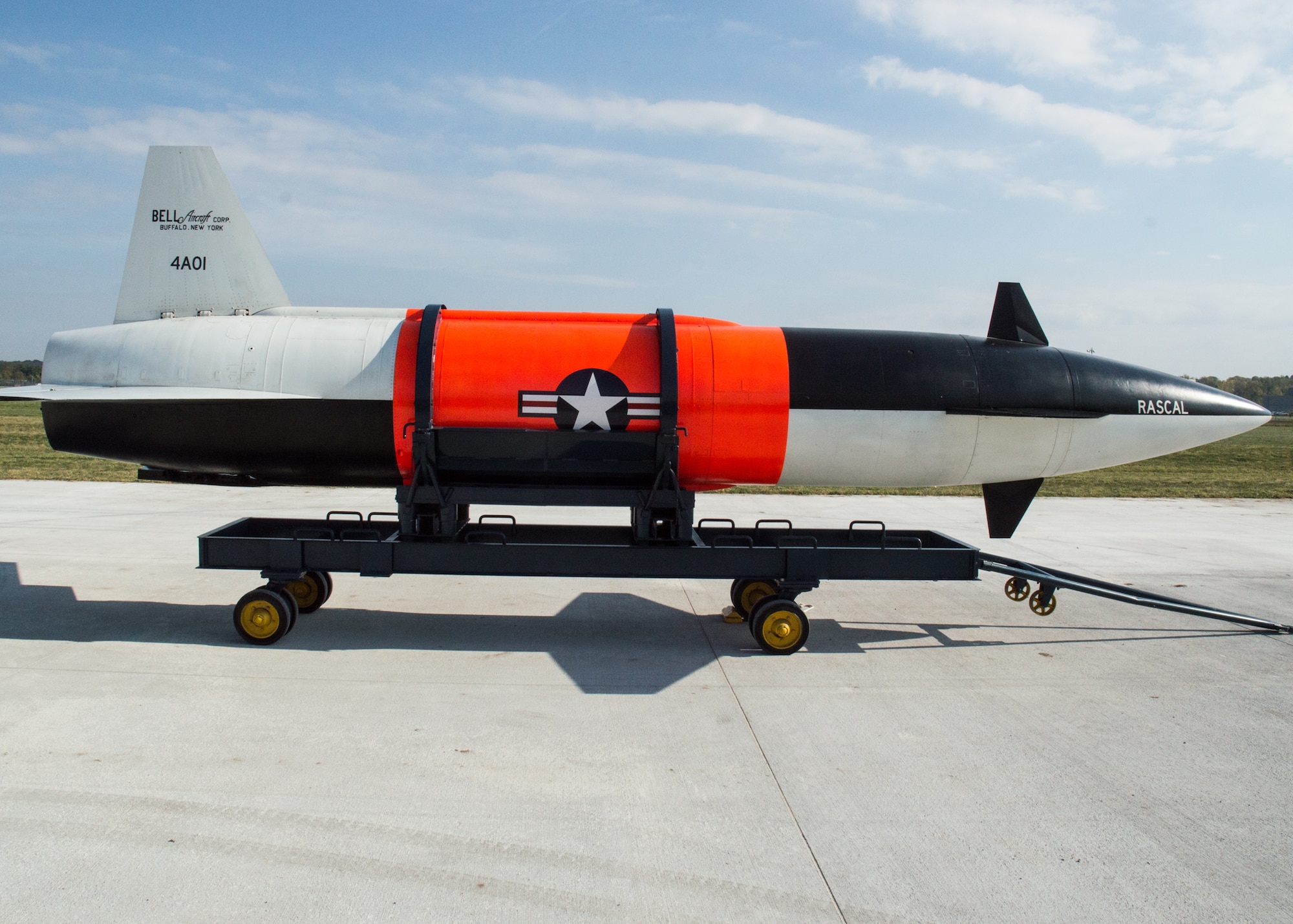 Restoration staff move the Bell XGAM-63 Rascal into the new fourth building at the National Museum of the U.S. Air Force on Oct. 8, 2015. (U.S. Air Force photo by Ken LaRock)