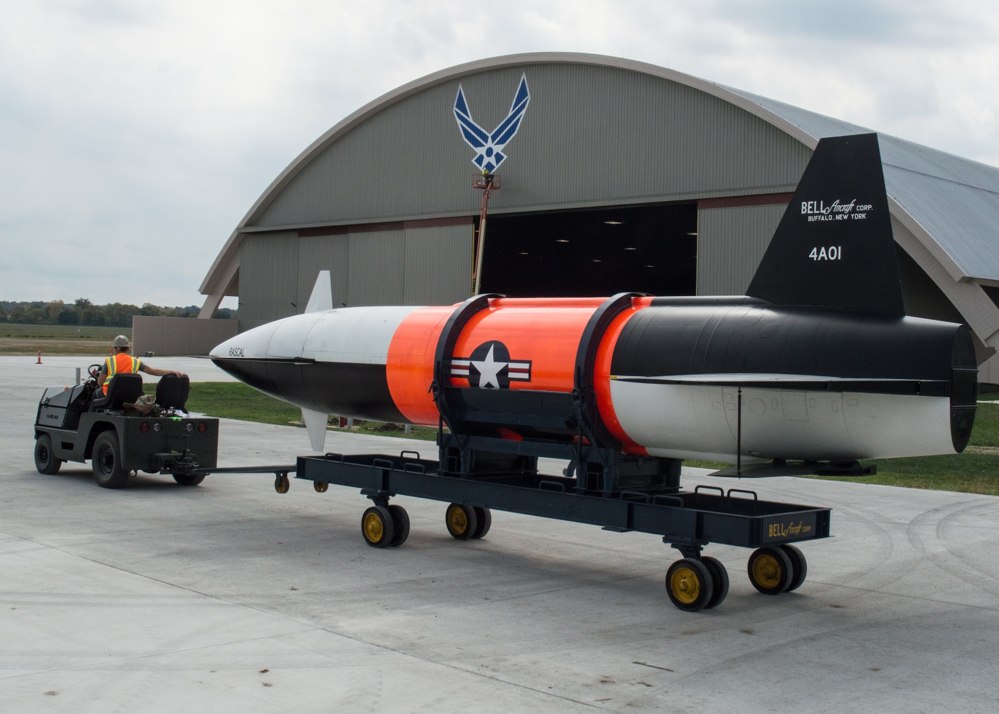 Restoration staff move the Bell XGAM-63 Rascal into the new fourth building at the National Museum of the U.S. Air Force on Oct. 8, 2015. (U.S. Air Force photo by Ken LaRock)