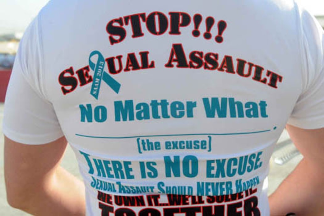 An important message is written on a T-shirt during a Sexual Assault Awareness and Prevention Month event on Kandahar Airfield in Kandahar province, Afghanistan. U.S. Army photo by Sgt. Ashley Bell