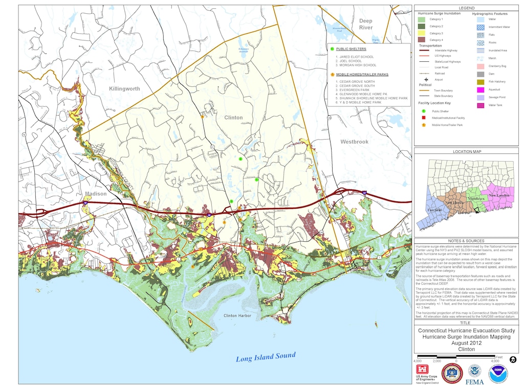This map, which shows a portion of the Connecticut shoreline, is an example of a storm surge map. The map shows the extent of surge that can be expected as a result of a worse case combination of hurricane landfall location, forward speed, and direction for each hurricane category. 

