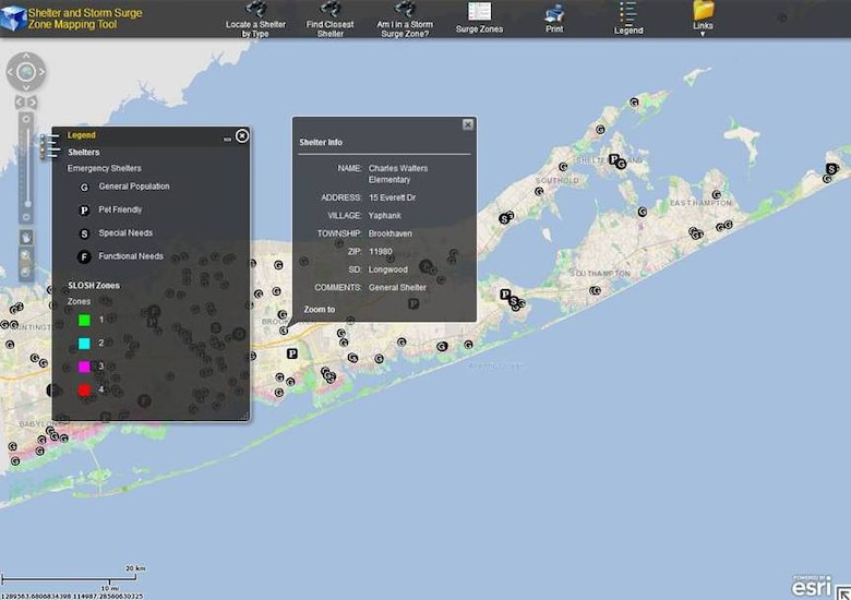 A page from the interactive website that the Suffolk County Office of Emergency Management created for its residents, using the information from the U.S. Army Corps of Engineer's storm surge maps. The public can use the site to locate their residence, see if their home is in a hurricane storm surge zone and if so which shelters are near them. 

