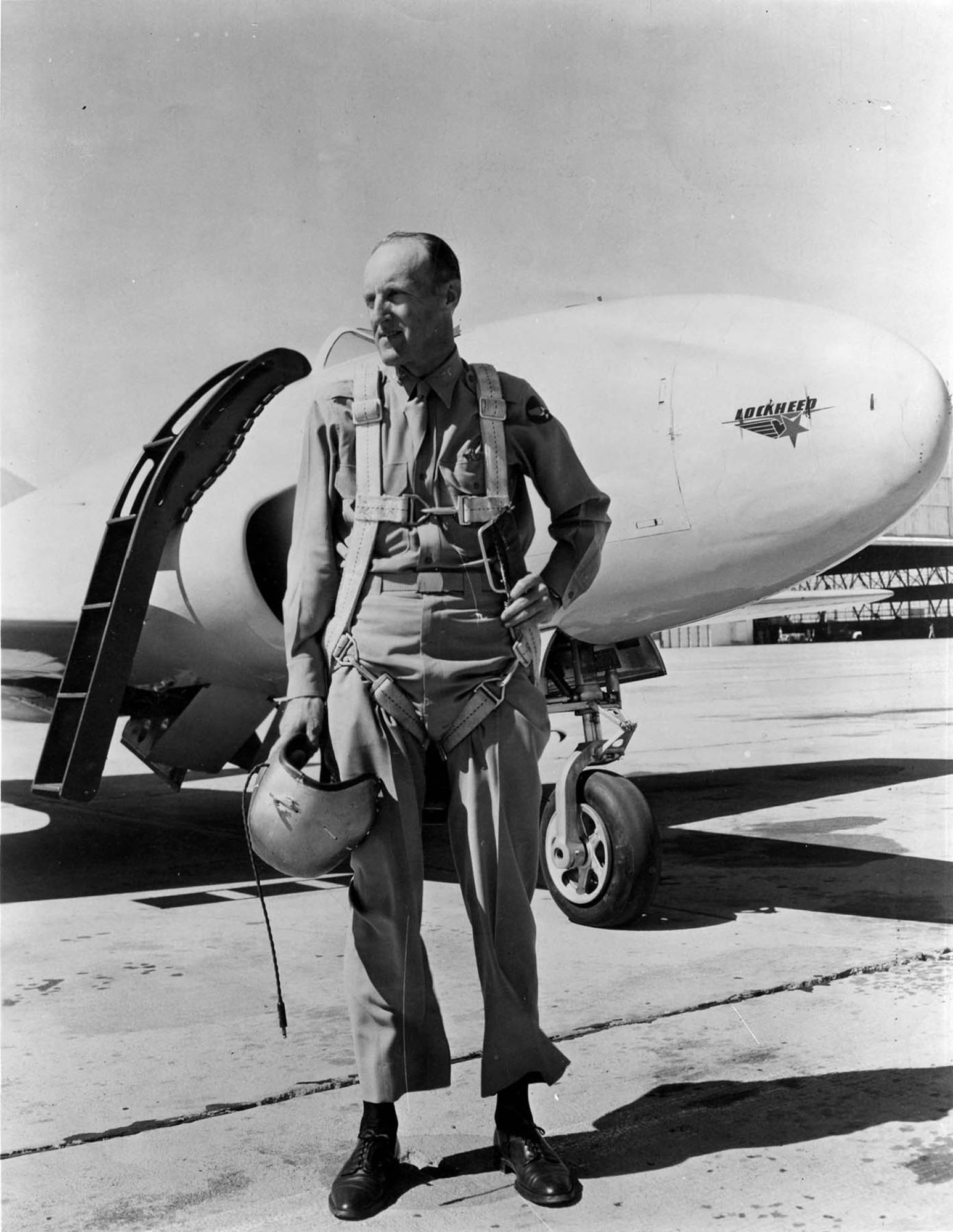 Col. Albert Boyd in front of the P-80R. On June 19, 1947, at Muroc Army Air Field (now Edwards Air Force Base), California, Boyd flew this P-80R to a new world's speed record of 623.753 mph, returning the record to the United States after nearly 24 years. (U.S. Air Force photo)