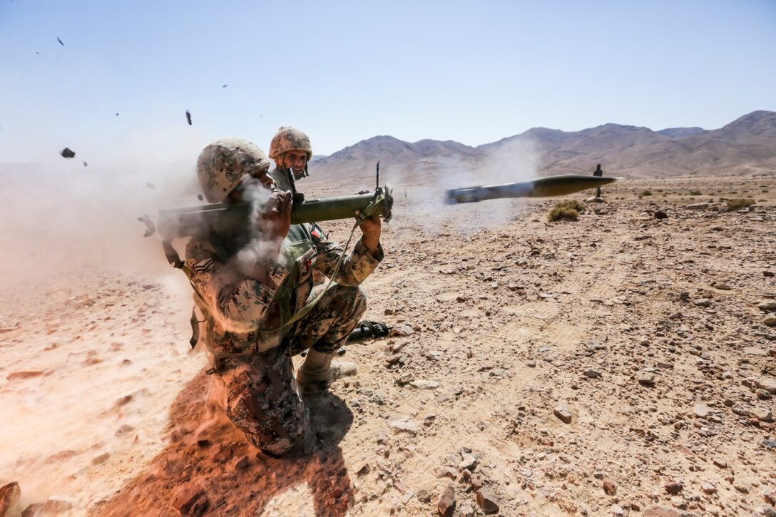 U.S. 5TH FLEET AREA OF OPERATIONS (Aug. 26, 2015) Jordanian Soldiers fire a rocket-propelled grenade from an RPG-27 during a bilateral training evolution with India Company, Battalion Landing Team 3rd Battalion, 1st Marine Regiment, 15th Marine Expeditionary Unit. The 15th MEU is deployed throughout the U.S. 5th Fleet area of operations to maintain regional security. (U.S. Marine Corps photo by Sgt. Jamean Berry/Released)