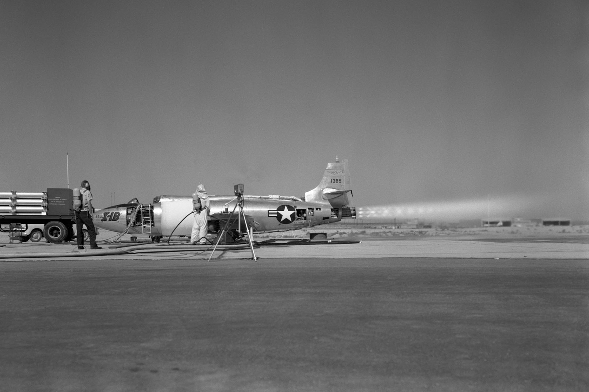 Ground test of the X-1B’s rocket engine. (NASA photo)