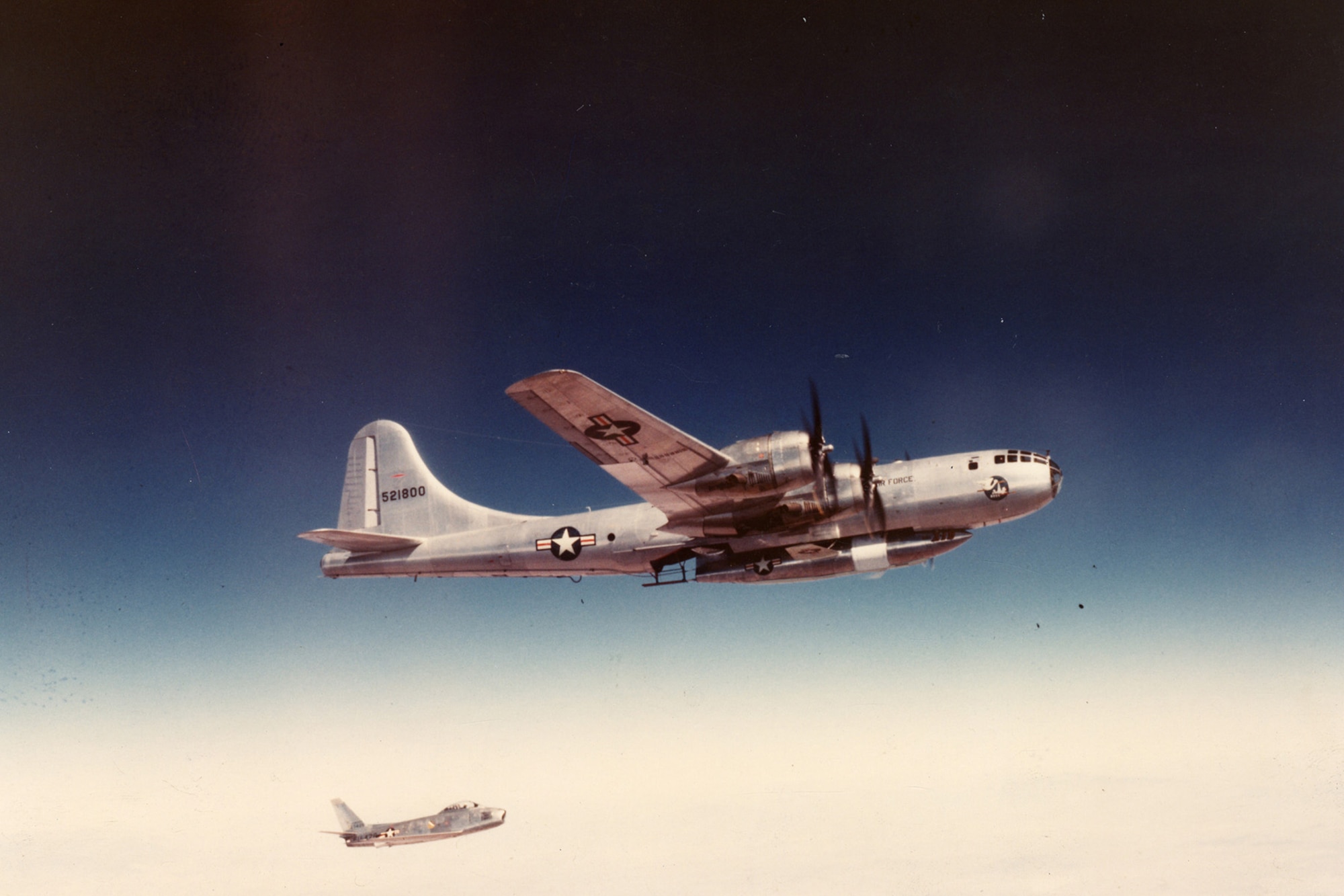 The Bell X-1B underneath its B-29 carrier aircraft. (U.S. Air Force photo)