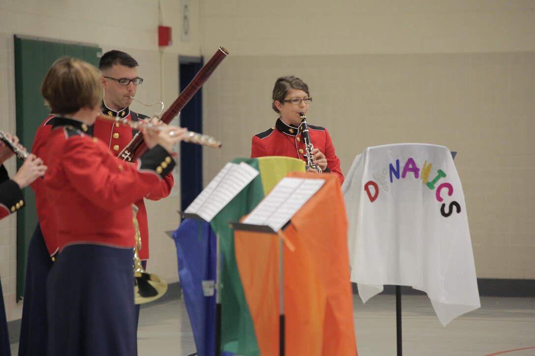 On Thursday, Oct. 8, a woodwind quintet from "The President's Own" U.S. Marine Band performed a Music in the Schools (MITS) program for fourth, fifth, and sixth graders at Waynewood Elementary School in Alexandria, Va. The band director, Jane Morgan, said at the conclusion of the presentation a sixth grader asked her if it was too late to sign up for band because he really liked what the quintet could do. A MITS success story! (U.S. Marine Corps photo by Master Sgt. Kristin duBois/released)