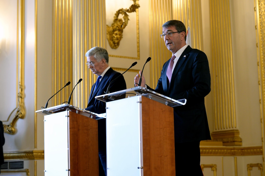 U.S. Defense Secretary Ash Carter answers questions during a joint press conference with U.K. Defense Secretary Michael Fallon at the U.K. Defense Ministry in London, Oct. 9, 2015. Carter is on a five-day trip to Europe to attend the NATO Defense Ministerial Conference in Brussels and to meet with counterparts in Spain, Italy, and the United Kingdom. DoD photo by U.S. Army Sgt. 1st Class Clydell Kinchen

