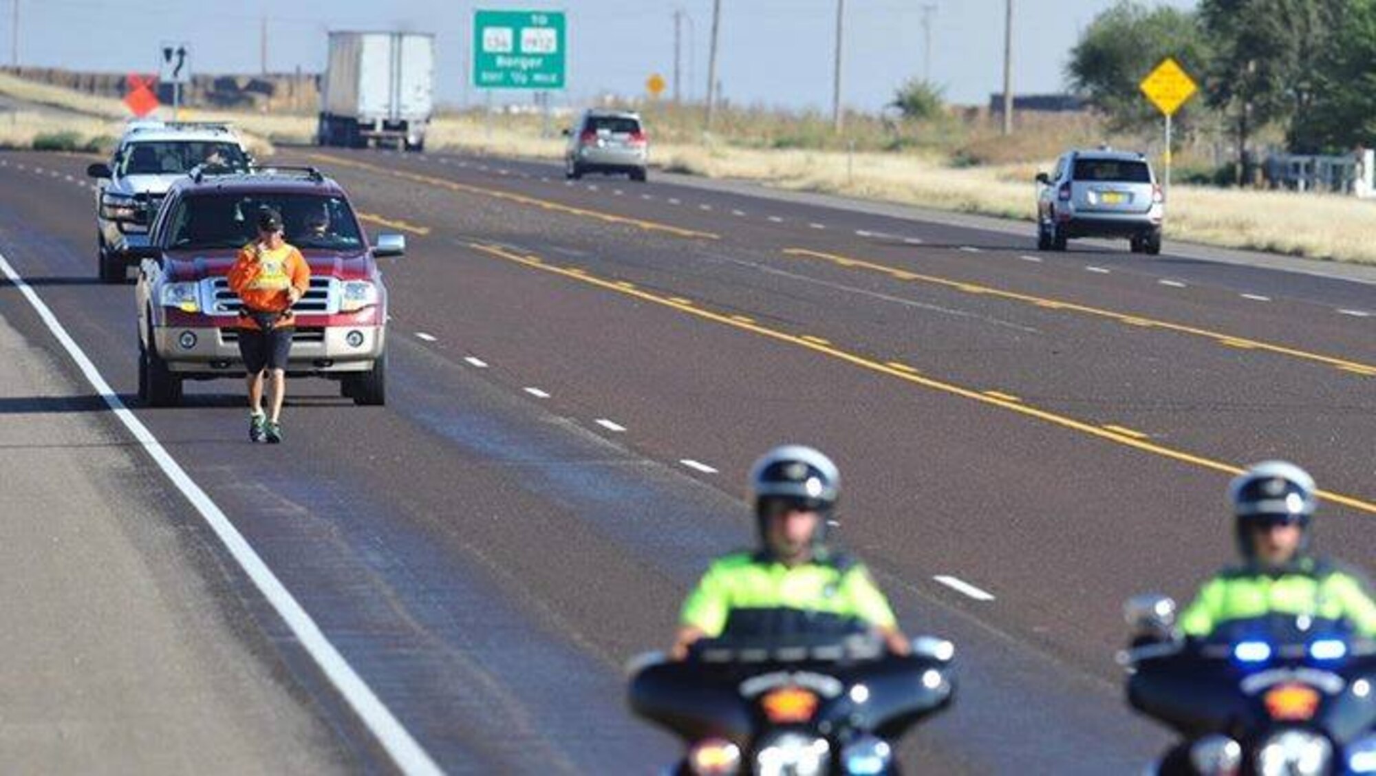 Master Sgt. Troy Drasher, 2nd Space Warning Squadron first sergeant, continues his journey to Abilene, Texas, for Operation 720 Oct. 2, 2015, in Amarillo, Texas. Drasher is running from Aurora, Colorado, to Abilene, Texas, in order to raise money and awareness for wounded warriors. (Courtesy photo)