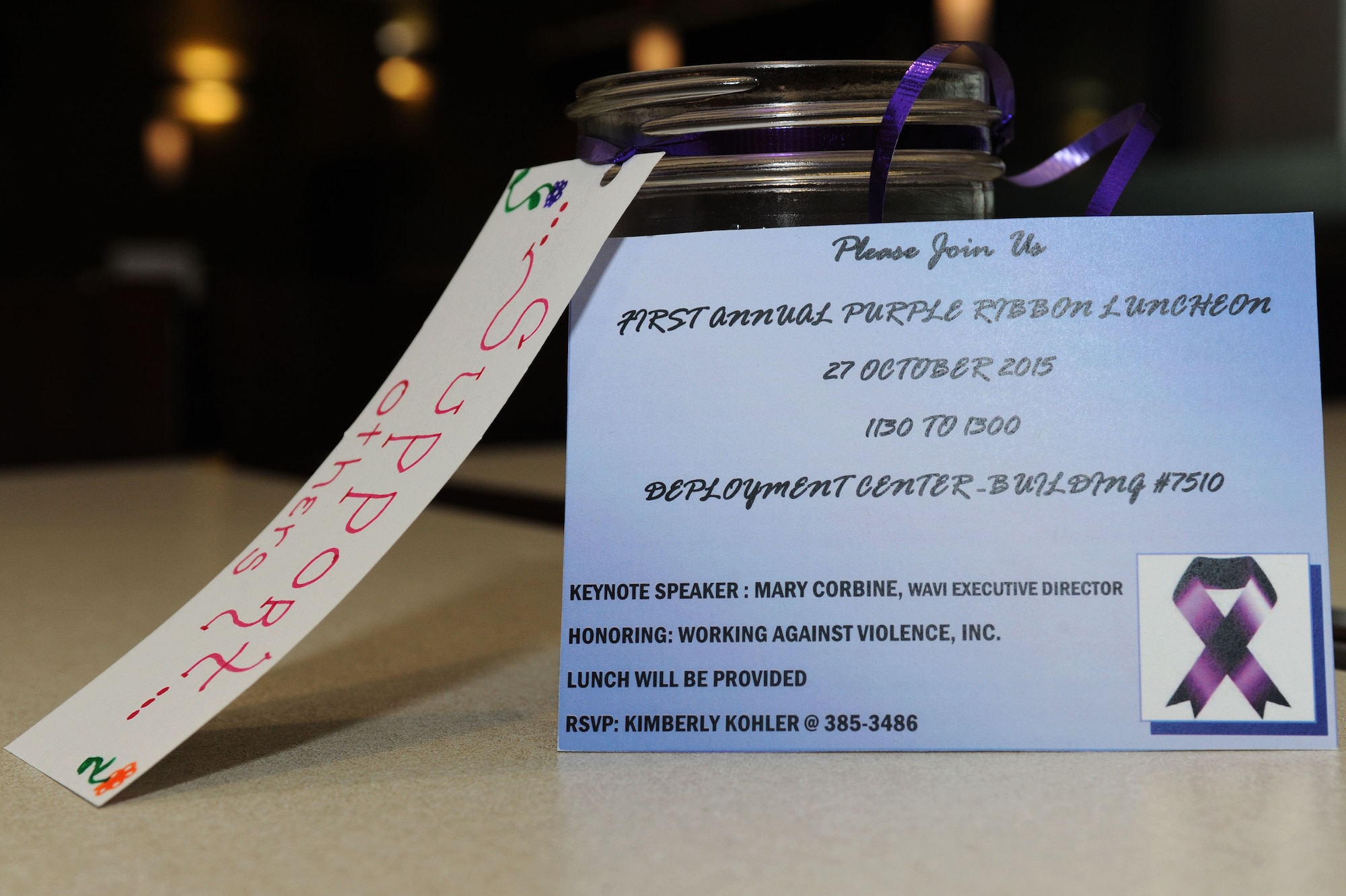 In honor of Working Against Violence, Inc., and Domestic Violence Awareness Month, the Family Advocacy Program is hosting a Purple Ribbon Luncheon in the Deployment Center at Ellsworth Air Force Base, S.D., Oct. 27, 2015. In 2013, the Department of Defense stated nearly 8,000 substantiated incidents of domestic abuse were reported to the department in 2012. (U.S. Air Force photo by Senior Airman Hailey R. Staker/Released)