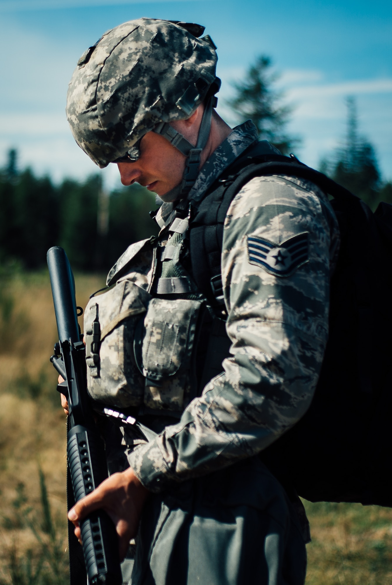 Staff Sgt. Kyle Bosshart, 446th Aeromedical Staging Squadron Expert Field Medic Badge candidate, waits to begin testing during the EFMB course at Joint Base Lewis-McChord, Wash., Sept. 24, 2015. In June 1965, the U.S. Army expanded its awards program by implementing the EFMB for combat medics who do not see battle. (U.S. Air Force photo by Senior Airman Jordan Castelan/Released)