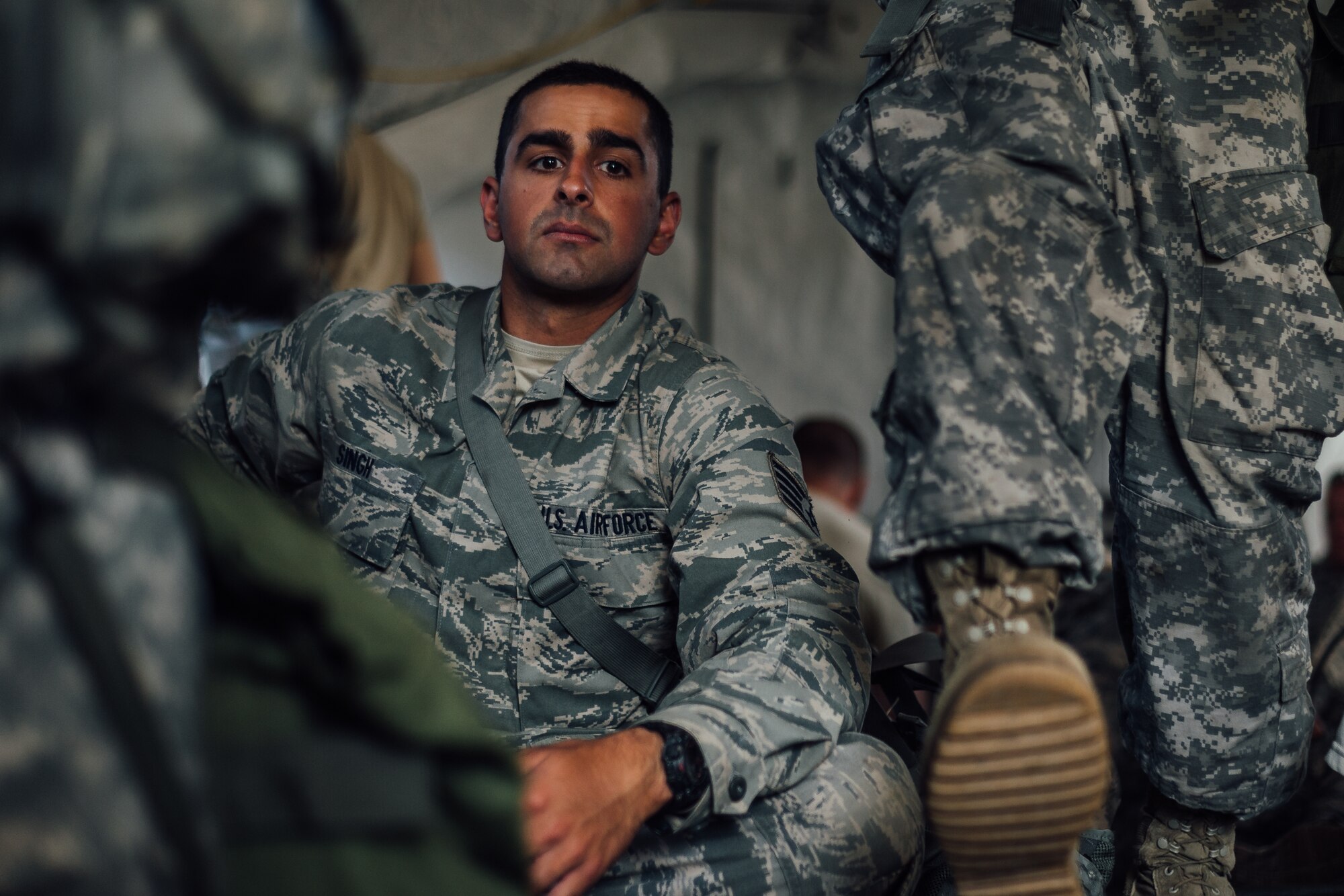 Staff Sgt. Remeet Singh, 446th Aeromedical Staging Squadron Expert Field Medic Badge candidate, waits in a holding tent during the EFMB course at Joint Base Lewis-McChord, Wash., Sept. 24, 2015. The EFMB is the non-combat equivalent of the Combat Medical Badge and is awarded to medical personnel of the U.S. military who successfully complete a set of qualification tests. (U.S. Air Force photo by Senior Airman Jordan Castelan/Released)
