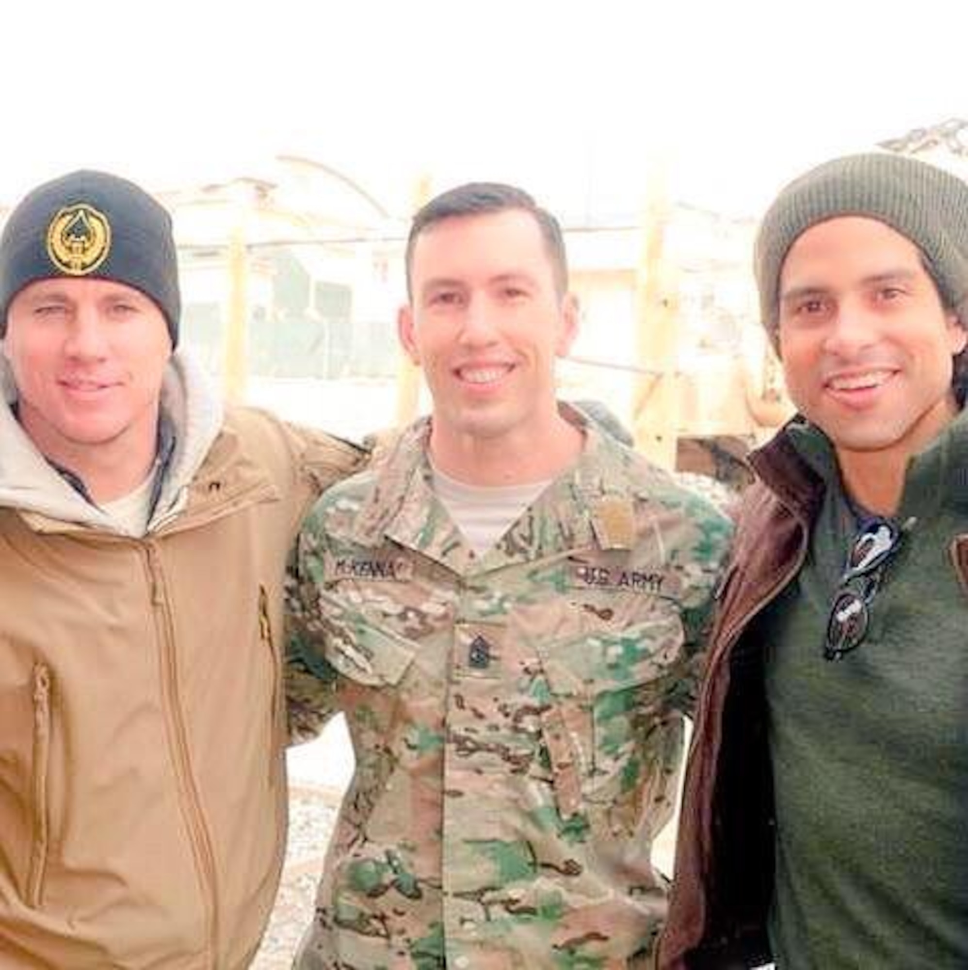 U.S. Army First Sgt. Peter Andrew McKenna Jr., center, poses for a photo with actors Channing Tatum and Adam Rodriquez. McKenna was killed in action August 7, 2015, in Afghanistan. Active-duty military members recently completed the Coast II Coast Ride for the Fallen which raised money towards a scholarship in the names of McKenna and Ryan Savard, who was killed in action in 2012. (Courtesy Photo)