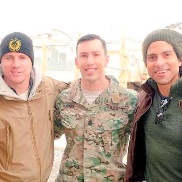 U.S. Army First Sgt. Peter Andrew McKenna Jr., center, poses for a photo with actors Channing Tatum and Adam Rodriquez. McKenna was killed in action August 7, 2015, in Afghanistan. Active-duty military members recently completed the Coast II Coast Ride for the Fallen which raised money towards a scholarship in the names of McKenna and Ryan Savard, who was killed in action in 2012. (Courtesy Photo)