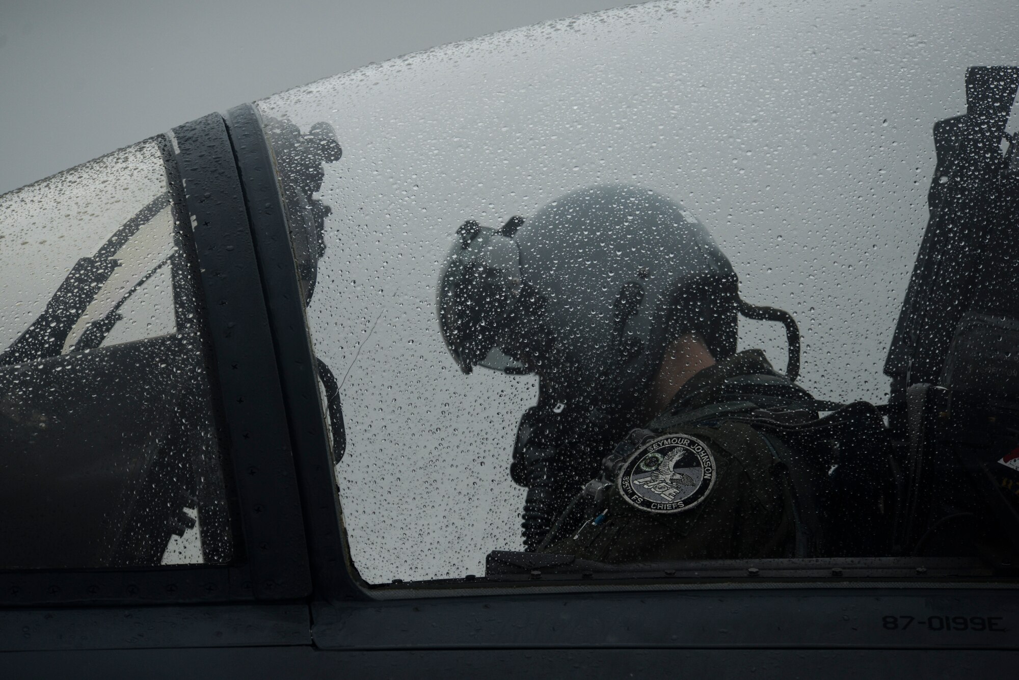An F-15E Strike Eagle pilot from the 335th Fighter Squadron performs preflight checks before taking off to support Operation Noble Eagle, Sept. 25, 2015, at Seymour Johnson Air Force Base, North Carolina. During the mission, the crews investigated and were prepared to intercept any possible threats that violated the protected airspace placed over the Pope’s locations during his visit to the U.S. (U.S. Air Force photo/Senior Airman Brittain Crolley)