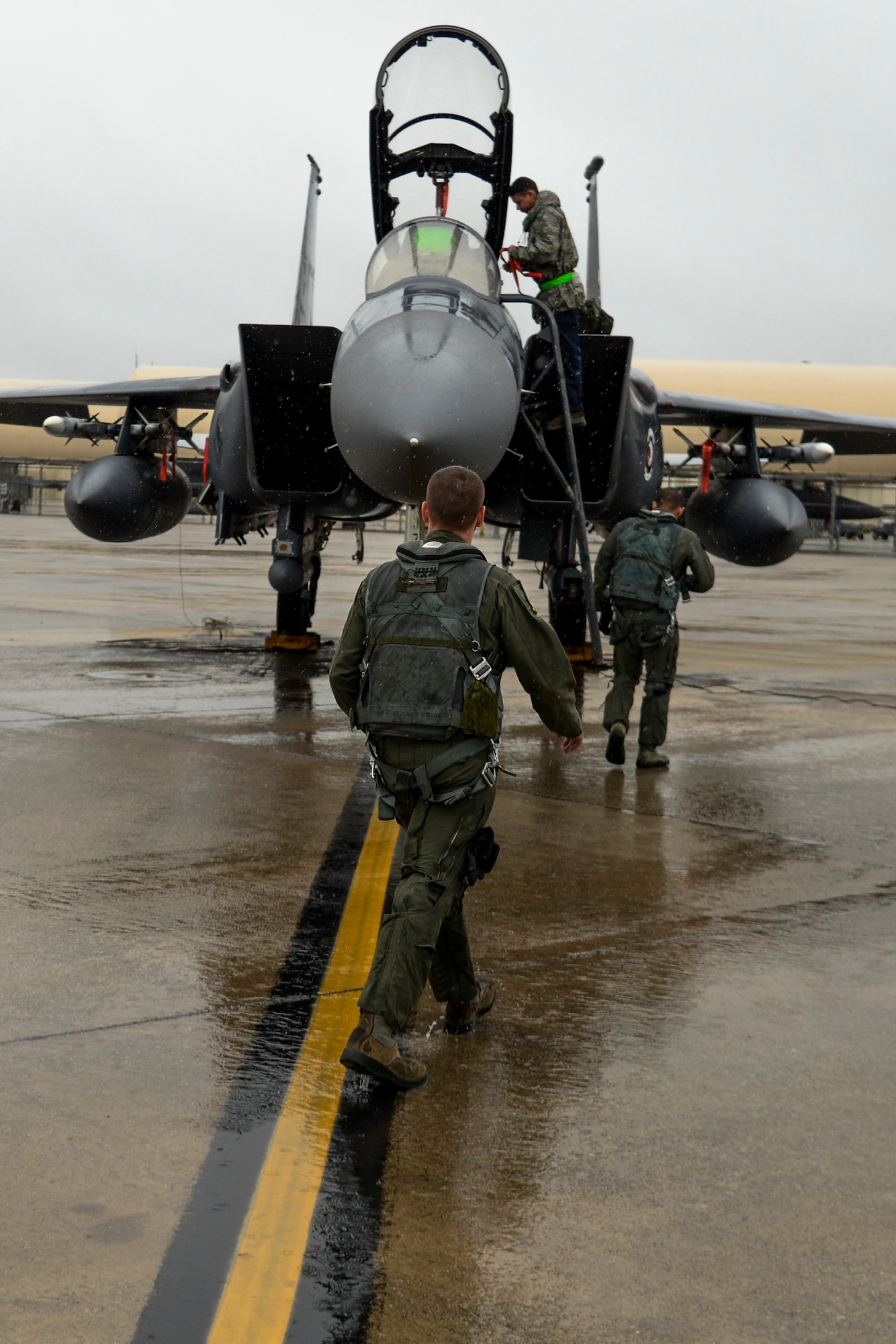 F-15E Strike Eagle aircrew from the 335th Fighter Squadron perform a preflight inspection of their jet prior to their flight in support of Operation Noble Eagle, Sept. 25, 2015, at Seymour Johnson Air Force Base, North Carolina. The jets were generated to provide aerial support of the Pope’s visit and ensure his safe travels while in Washington, D.C. and New York. (U.S. Air Force photo/Senior Airman Brittain Crolley)