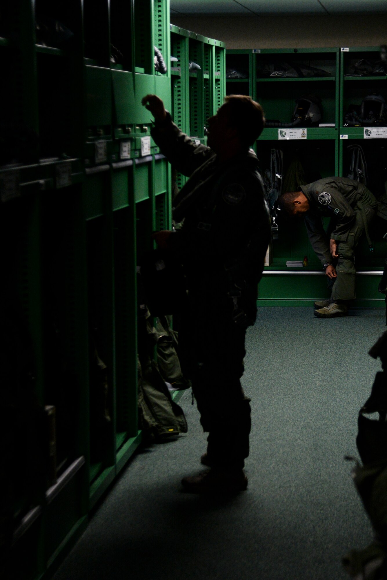 F-15E Strike Eagle aircrew members from the 335th Fighter Squadron suit up in preparation for their flight in support of Operation Noble Eagle, Sept. 25, 2015, at Seymour Johnson Air Force Base, North Carolina. Members of the 335th FS were tasked with the mission to support the Pope’s safe travels during his visit to the U.S. (U.S. Air Force photo/Senior Airman Brittain Crolley)
