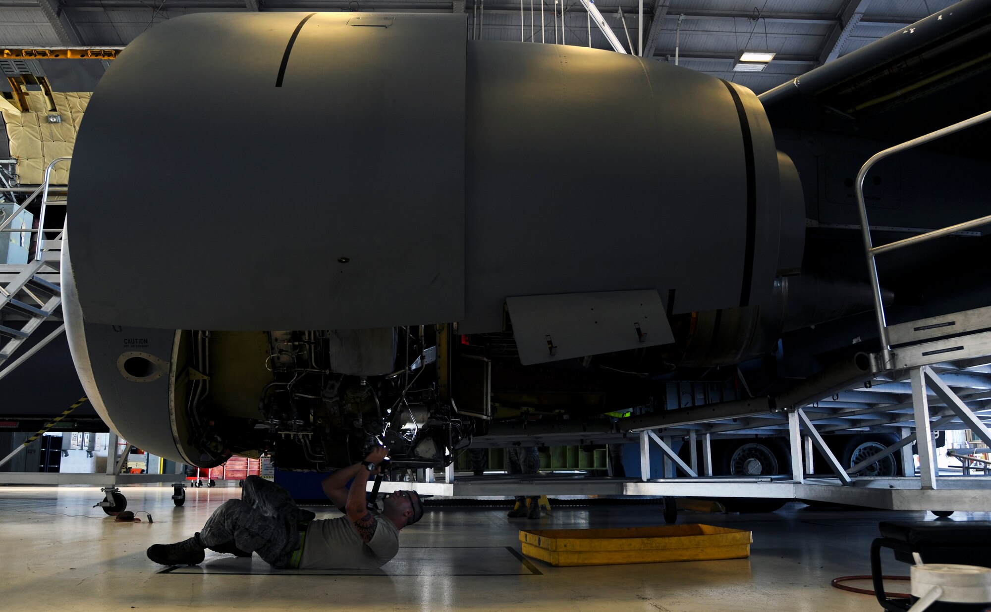 Staff Sgt. Eric Holton, 6th Maintenance Squadron aerospace propulsion craftsman, checks a KC-135 Stratotanker’s main engine control during an isochronal inspection at MacDill Air Force Base, Fla., Oct. 7, 2015. It is important Holton does not overlook a section of the MEC, because it determines the distribution of fuel to the aircraft. (U.S. Air Force photo by Airman 1st Class Danielle Quilla/Released)