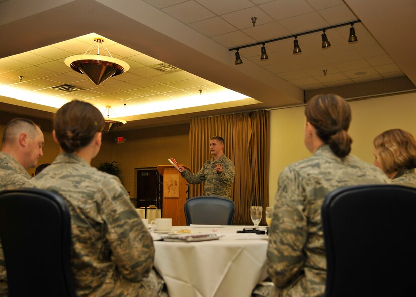 2nd Lt. James Fisher, 319th Air Base Wing public affairs officer, informs the Warriors of the North about the upcoming 2015 Combined Federal Campaign at a kickoff breakfast Oct. 7, 2015, on Grand Forks Air Force Base, North Dakota. More than 40 attendees showed up to this year’s CFC breakfast kickoff. This year’s slogan is “You can Change a Life,” which donors can pledge to more than 24,000 charities. (U.S. Air Force photo by Senior Airman Xavier Navarro/Released)