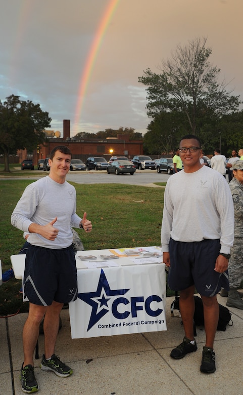 Airmen participate in the 5K Fun Run "Stampede" at Joint Base Andrews on 9 October  2015. Capt. Frank Cumbie, 1st Helicopter Squadron pilot, and, Master Sgt. Terry T. Namkung, 11 Civil Engineer Squadron, are the CFC coordinators for the Air Force District of Washington at Joint Base Andrews. The 5K kicked off the 2015 Combined Federal Campaign.The run raised awareness for the giving campaign through which Airmen can donate to their favorite charities until 15 December 2015.  (U.S. Air Force photo/James E. Lotz)