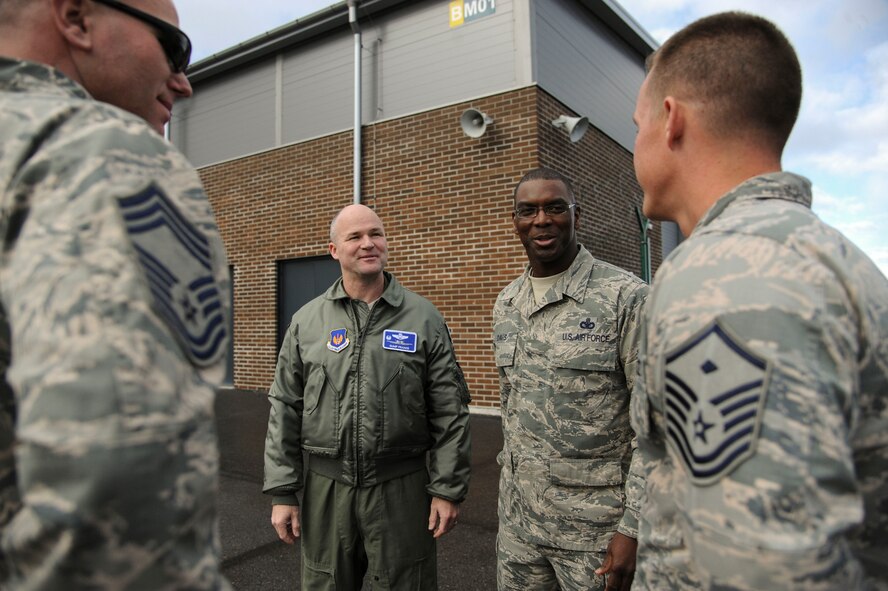 U.S. Air Force Chief Master Sgt. James E. Davis, U.S. Air Forces Europe and Air Forces Africa command chief, speaks to leadership of the 74th Expeditionary Fighter Squadron, assigned to the 23d Wing at Moody Air Force Base, Georgia, during his visit to Amari Air Base, Estonia, Oct. 8, 2015. As the command chief, Davis champions and directs enlisted theater security engagement and building partnership capacity in an area of responsibility that comprises 104 countries in support of both U.S. European Command and U.S. Africa Command. (U.S. Air Force photo by Andrea Jenkins/Released)