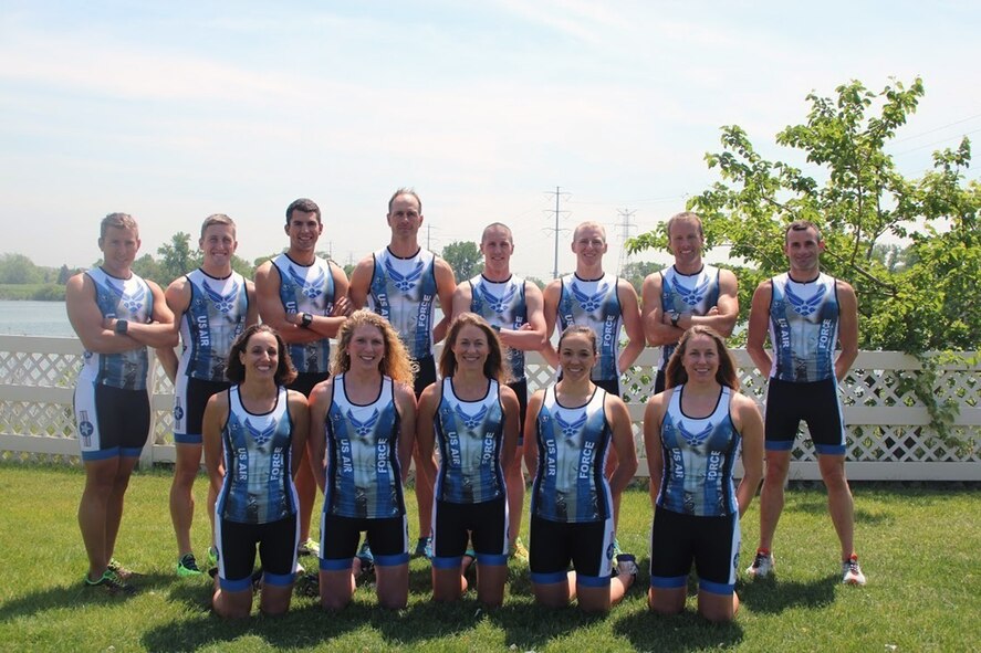 The Air Force triathlon team poses before the 2015 U.S. Armed Forces Triathlon Championship at Wolf Lake Memorial Park, Hammond, Ind., June 7, 2015. (Courtesy photo)