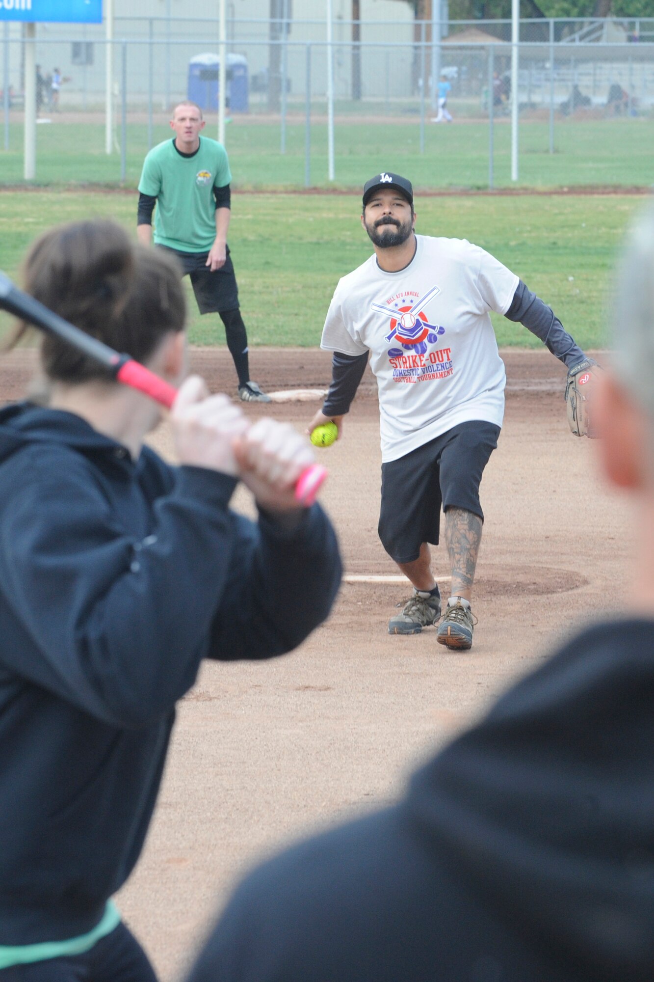 Steve Soto, a civilian guest, pitching for the Team Hill 1st Sergeants team at the First Annual Strike-Out Against Domestic Violence Softball Tournament hosted Oct 3, 2015 Hill Air Force Base, Utah. Ten teams particaped in this October Triple Awareness Month event in support of Team Hill’s efforts to better recognize and respond to the signs and symptoms of Drug Abuse, Domestic Violence, and Breast Cancer in their own lives and the lives of friends, family, and coworkers. (U.S. Air Force photo by David Perry)