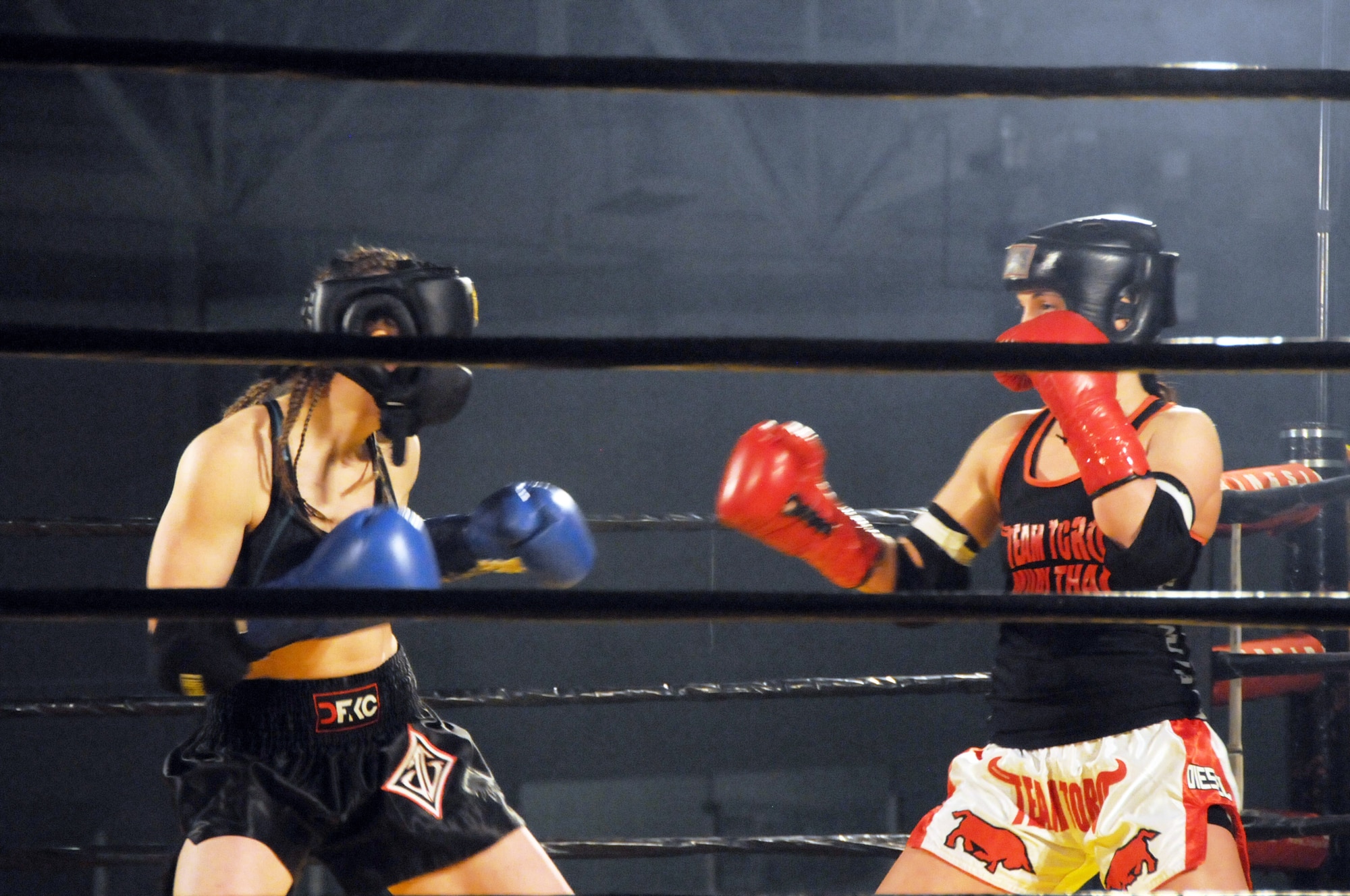 Tech. Sgt. Destiny Taylor, 110th Attack Wing Comptroller Flight claimed victory in her third Muay Thai full contact fight, Saturday, March 7, 2015, Wings Stadium, Kalamazoo Mich. Sgt Taylor has been practicing Muay Thai for two years. (Air National Guard photo by Tech. Sgt. Timothy Diephouse/Released)