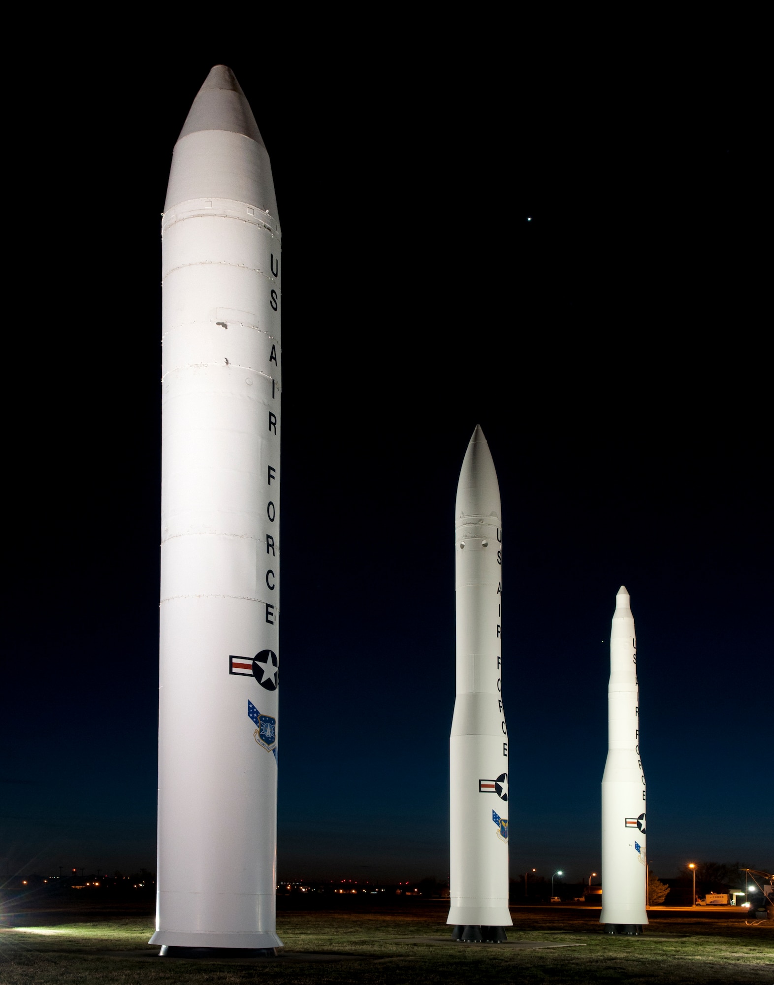 A Peacekeeper Missile replica stands near F.E. Warren Air Force Base, Wyo., Gate 1 April 4, 2012. The missile was the most powerful weapon in the U.S. arsenal until its deactivation in 2005. A Peacekeeper Missile site is scheduled to be turned into a museum in Wyoming, the only state in which the missile system was active. (U.S. Air Force photo by R.J. Oriez)