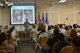 U.S. Air Force Lt. Gen. Mark Ediger, the U.S. Air Force Surgeon General, and Chief Master Sgt. Jason Pace, Medical Enlisted Force and Enlisted Corps chief, speak to 20th Medical Group and U.S. Air Forces Central Surgeon General Airmen during an all call at Shaw Air Force Base, Oct. 1, 2015. Ediger and Pace toured the four squadrons that make up the 20th MDG and during the all call, communicated new programs and changes that are being made in the medical side of the Air Force. (U.S. Air Force photo by Senior Airman Diana M. Cossaboom/Released)