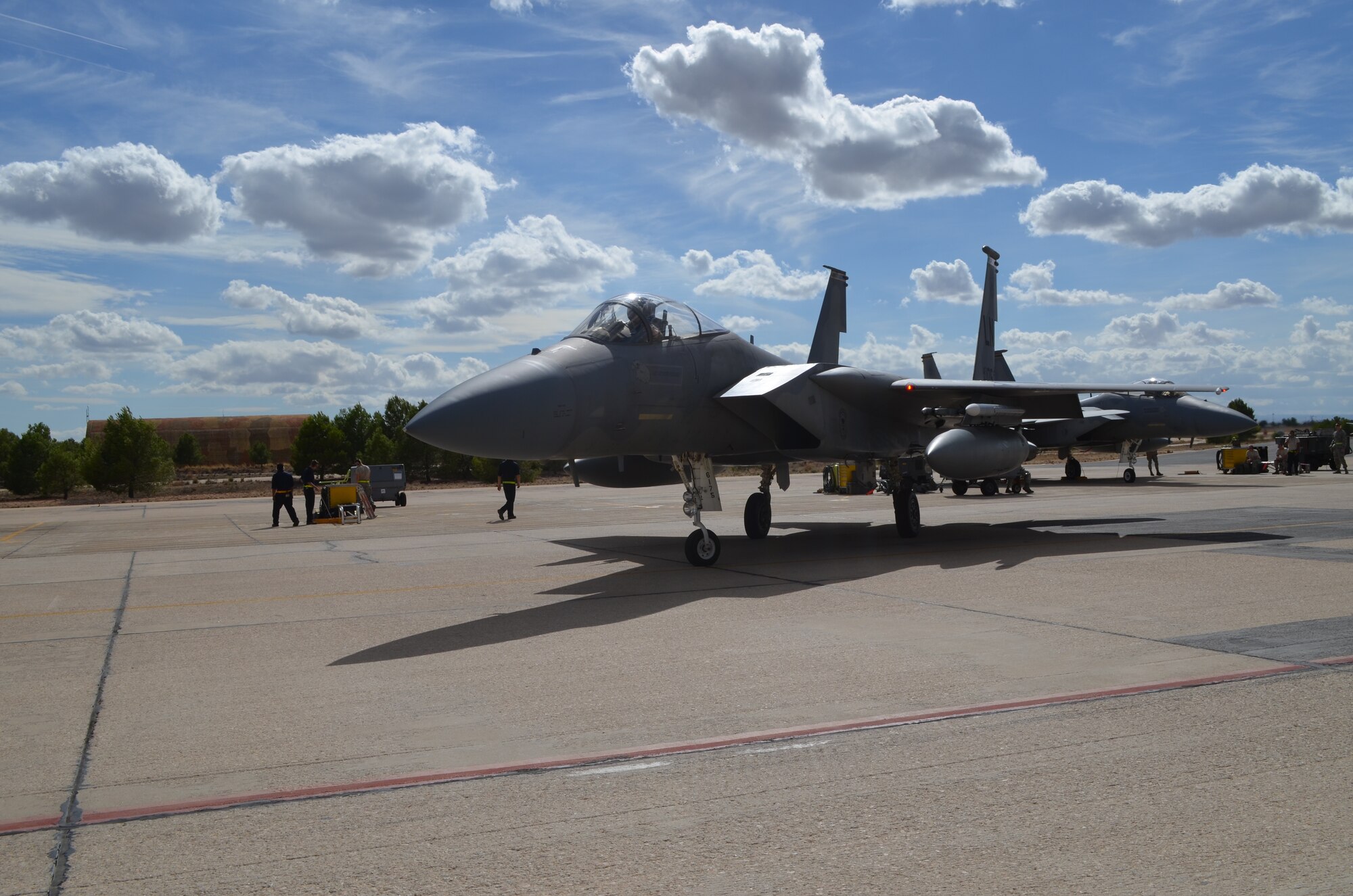 A U.S. Air Force F-15C Eagle assigned to the 493rd Fighter Squadron from Royal Air Force Lakenheath, England, taxis the runway and prepares for takeoff at the NATO Tactical Leadership Programme in Albacete, Spain, Oct. 8. The TLP is a NATO mission commander’s school designed to provide multi-lateral training and increase interoperability amongst allied partners. (U.S. Air Force Photo by Capt. Sybil Taunton/Released)